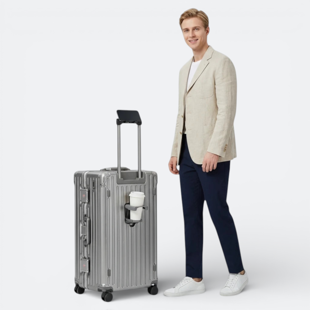 AïtaVia silver hard-shell large suitcase with spinner wheels and a built-in cup holder, perfect for travel.