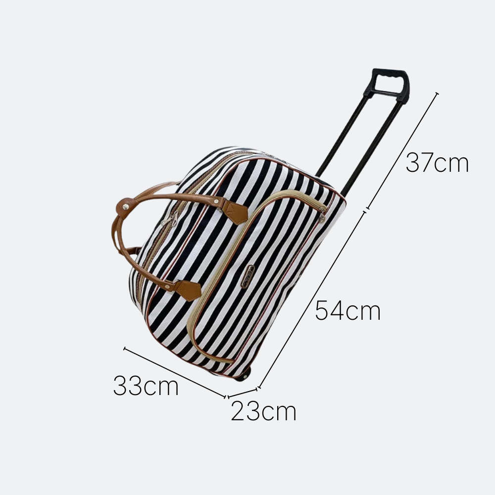 AïtaVia black and white striped travel duffel bag with brown leather accents and telescopic handle.