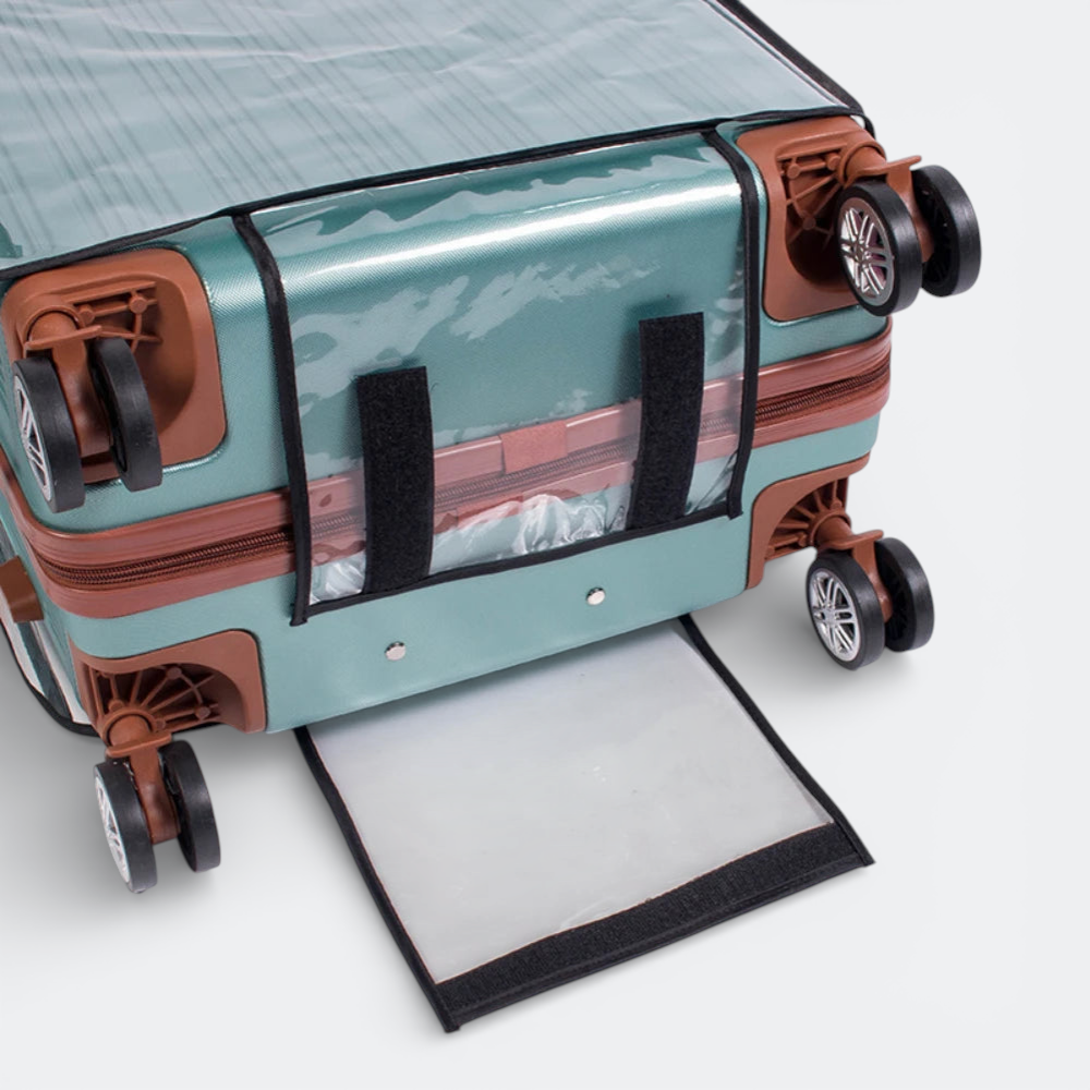 AïtaVia transparent suitcase cover protecting a teal suitcase with brown accents and black wheels.