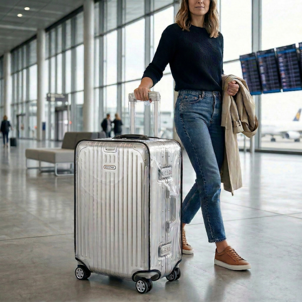 AïtaVia transparent suitcase cover protecting a silver ribbed carry-on luggage in an airport terminal.