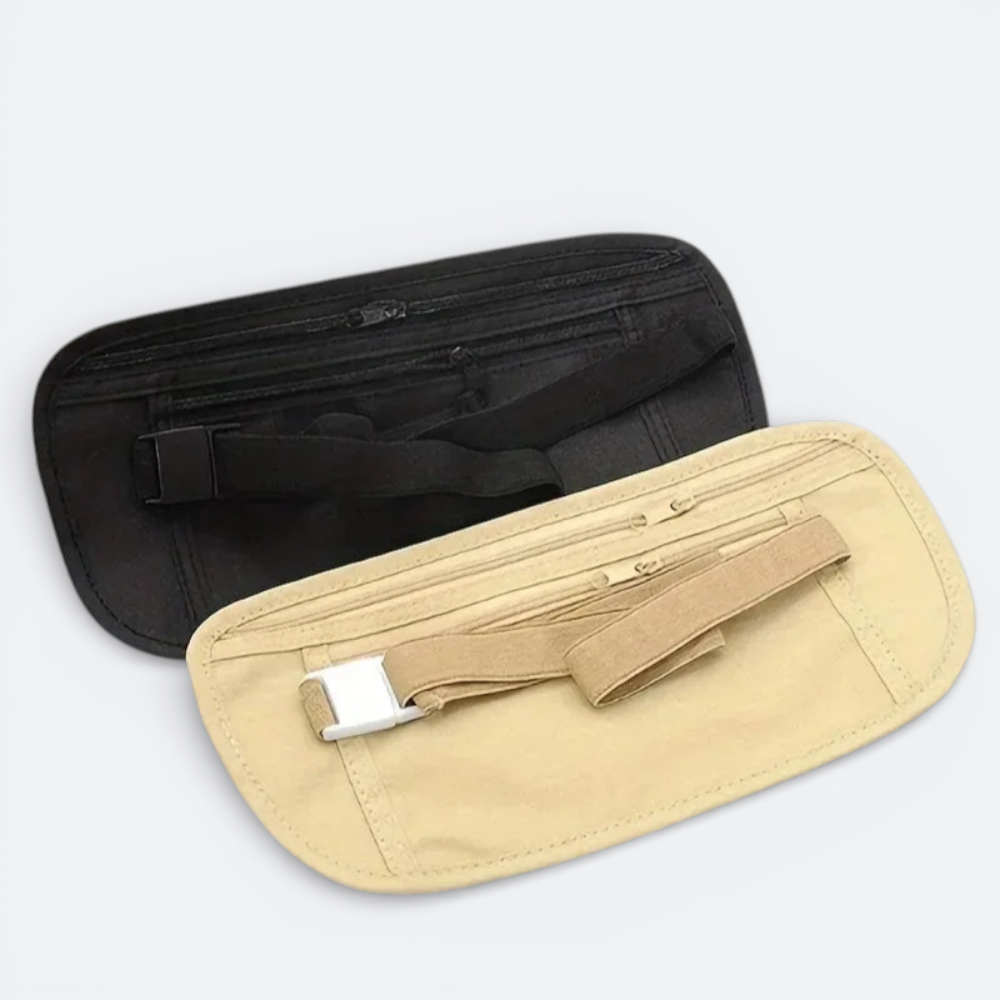 AïtaVia black and beige travel waist pouch with multiple zippered compartments and adjustable strap for secure storage of essentials.