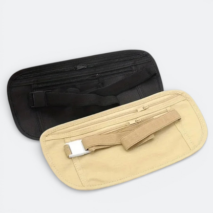 AïtaVia black and beige travel waist pouch with multiple zippered compartments and adjustable strap for secure storage of essentials.