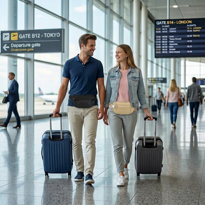 AïtaVia black and beige travel waist bags worn by a couple at the airport with luggage.