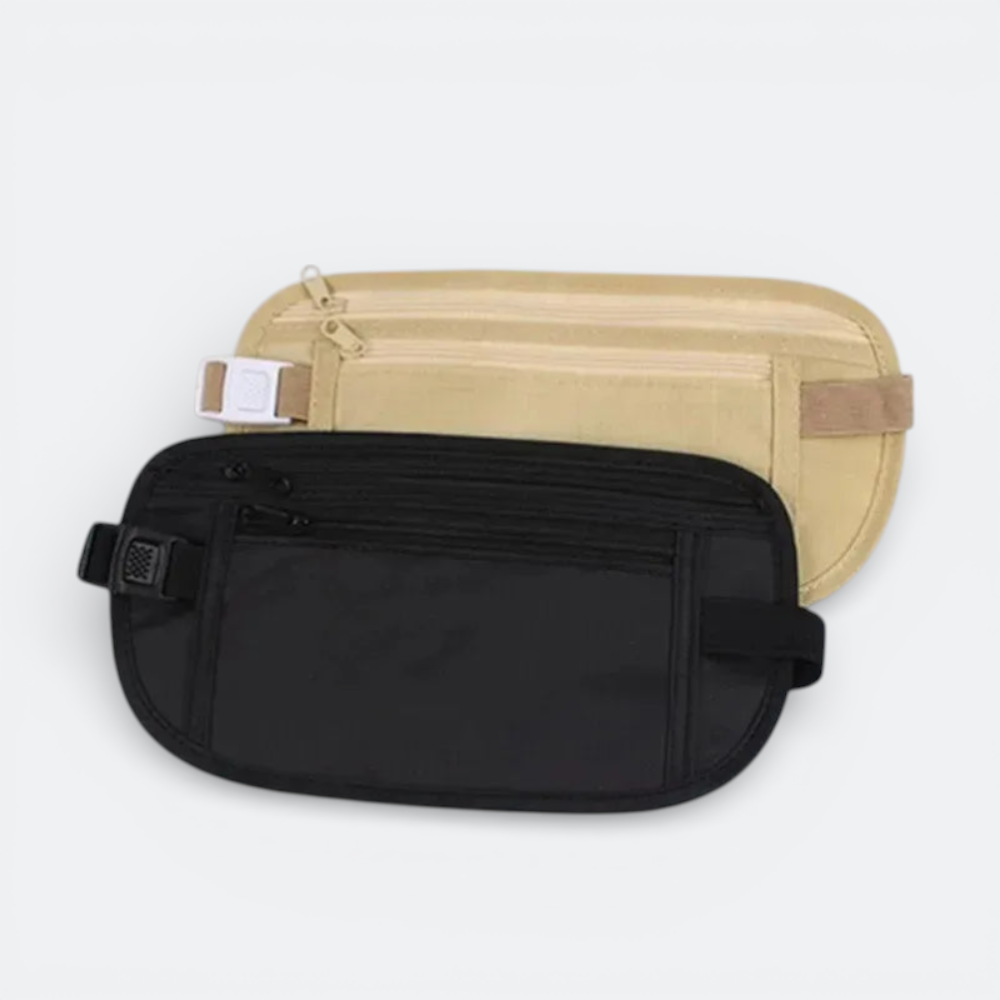 AïtaVia black and beige travel waist pouch with multiple zippered compartments and adjustable strap for secure storage.