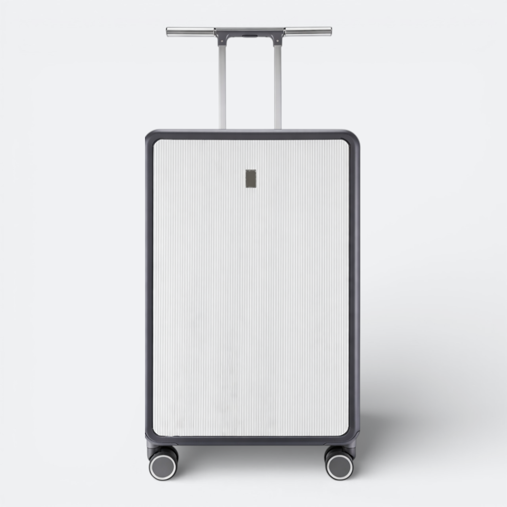 AïtaVia two-tone suitcase: white ribbed front, dark grey textured back, telescopic handle, spinner wheels.