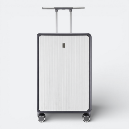AïtaVia two-tone suitcase: white ribbed front, dark grey textured back, telescopic handle, spinner wheels.
