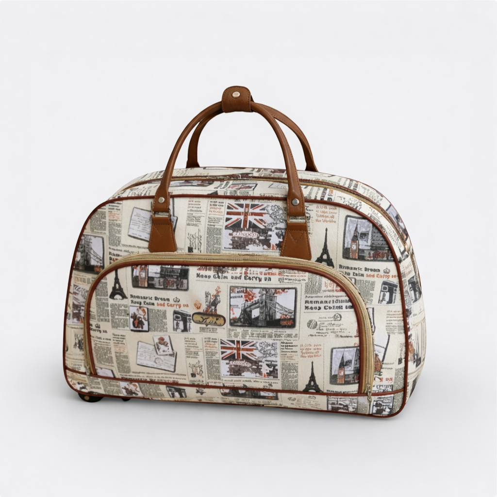 AïtaVia vintage travel duffel bag with newspaper print, Union Jack, Eiffel Tower, and London landmarks. Tan leather handles and trim.