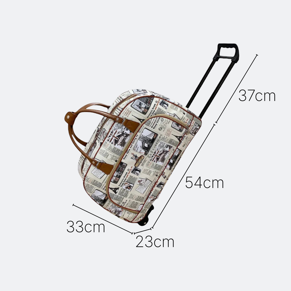AïtaVia cream travel duffel bag with a vintage newspaper and Paris print, featuring brown leather handles and wheels.