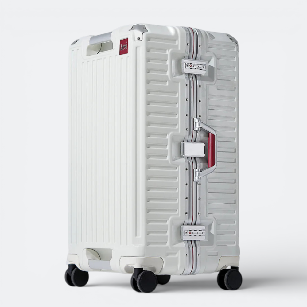 AïtaVia white aluminium frame suitcase with red handle and TSA locks, ideal for travel.