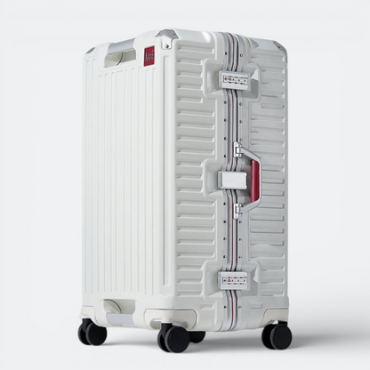 AïtaVia white aluminium frame suitcase with red handle and TSA locks, ideal for travel.