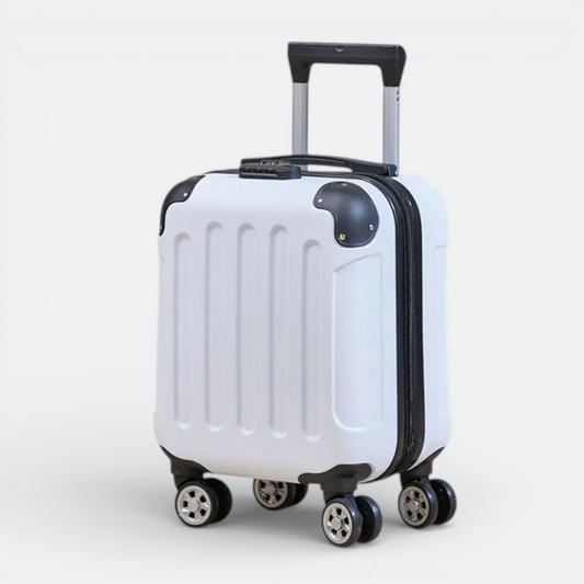 AïtaVia white hard-shell carry-on suitcase with four spinner wheels and TSA lock, ideal for business travel.
