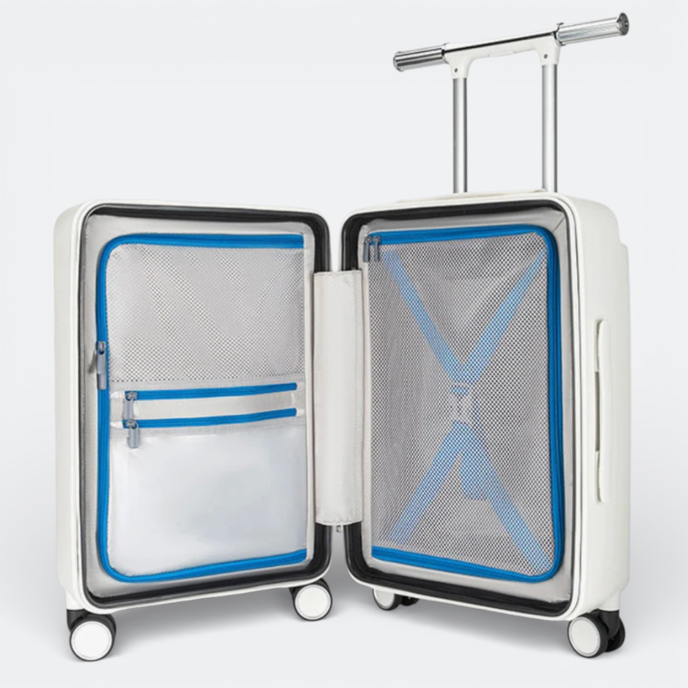 AïtaVia white hardshell carry-on suitcase open, showing blue mesh interior compartments and a telescopic handle.
