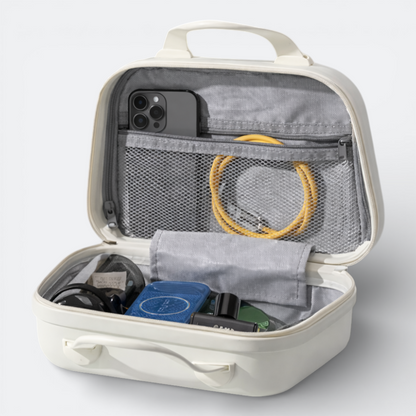 AïtaVia white cosmetic bag with multiple compartments, mesh pockets, and a handle. Ideal for organizing makeup and toiletries.