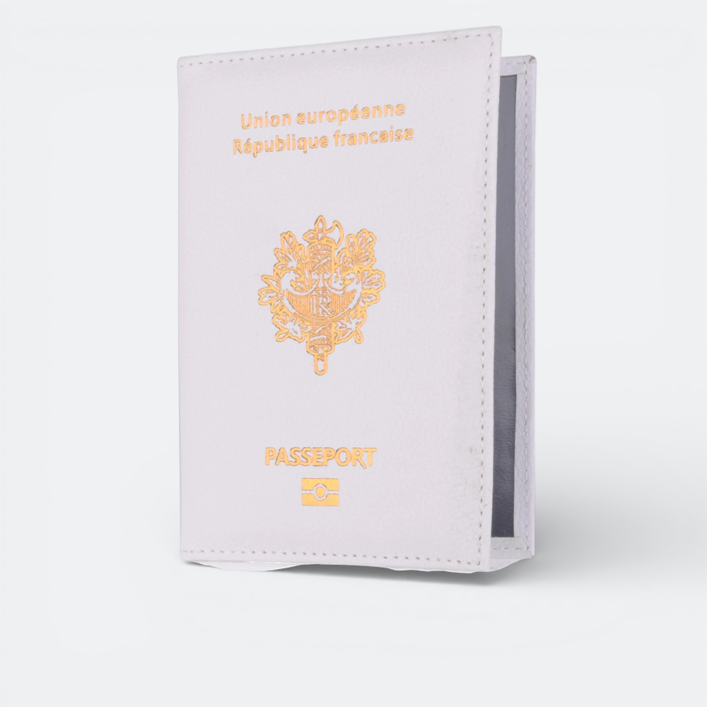 AïtaVia white leather French passport holder with gold embossed French Republic emblem and text.