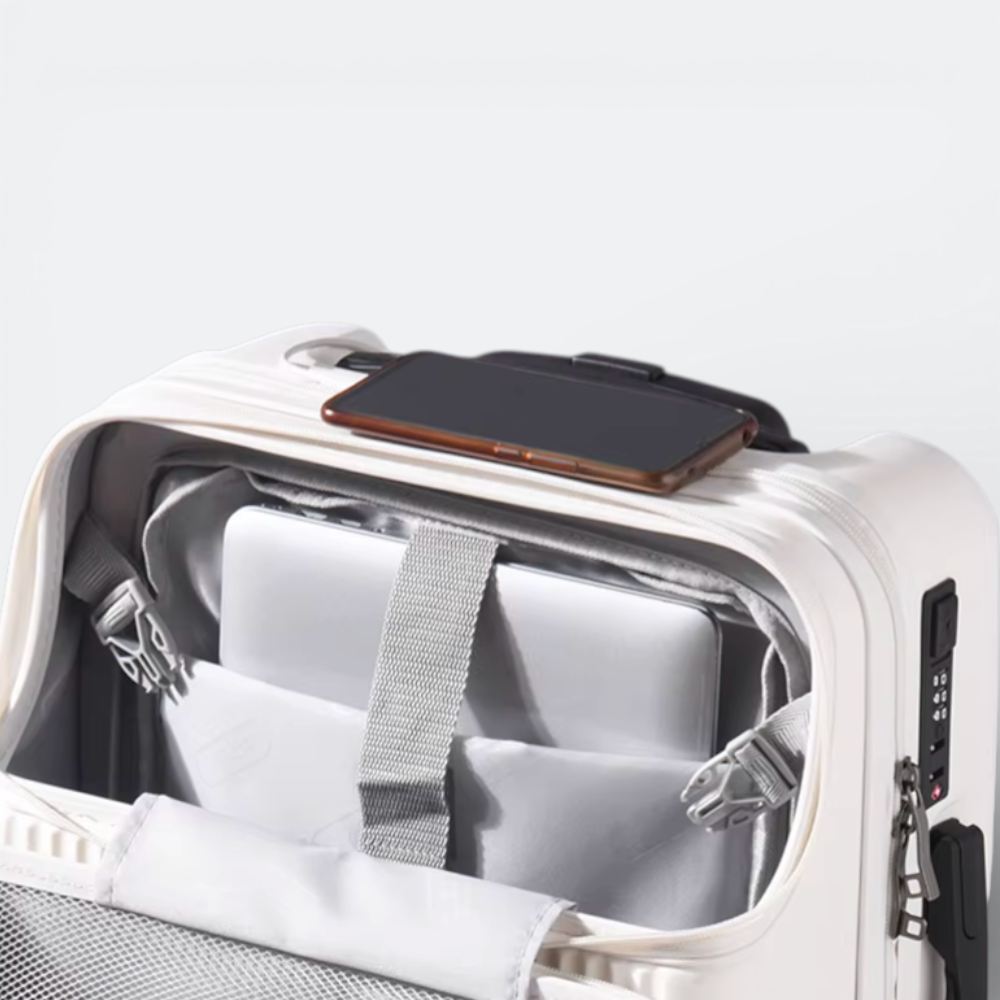 AïtaVia white front-opening suitcase interior with laptop compartment and phone holder