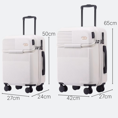 AïtaVia white front opening suitcases, one 50cm and one 65cm, with textured finish and spinner wheels.