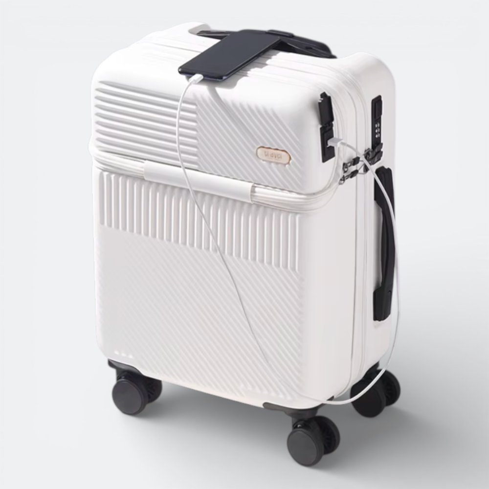 AïtaVia white front-opening suitcase with USB charging port and phone attached, ideal for travel.