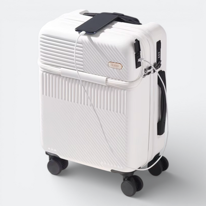 AïtaVia white front-opening suitcase with USB charging port and phone attached, ideal for travel.