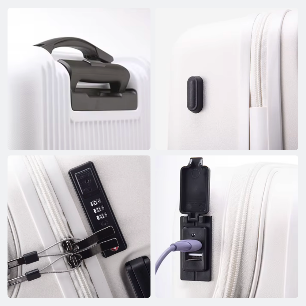 AïtaVia white front-opening suitcase with TSA lock and integrated USB charging port.