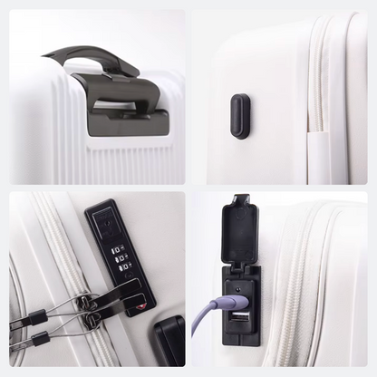 AïtaVia white front-opening suitcase with TSA lock and integrated USB charging port.