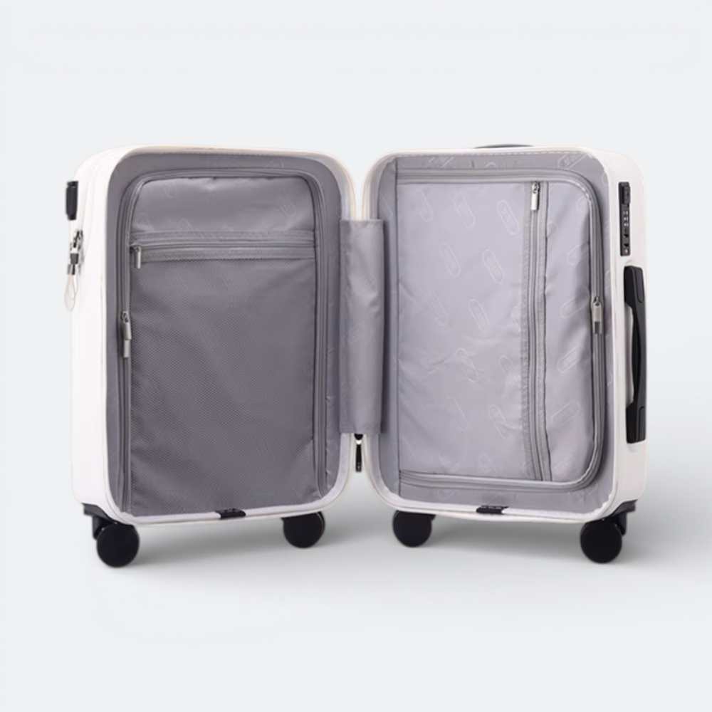 AïtaVia white front-opening suitcase with grey interior compartments and TSA lock