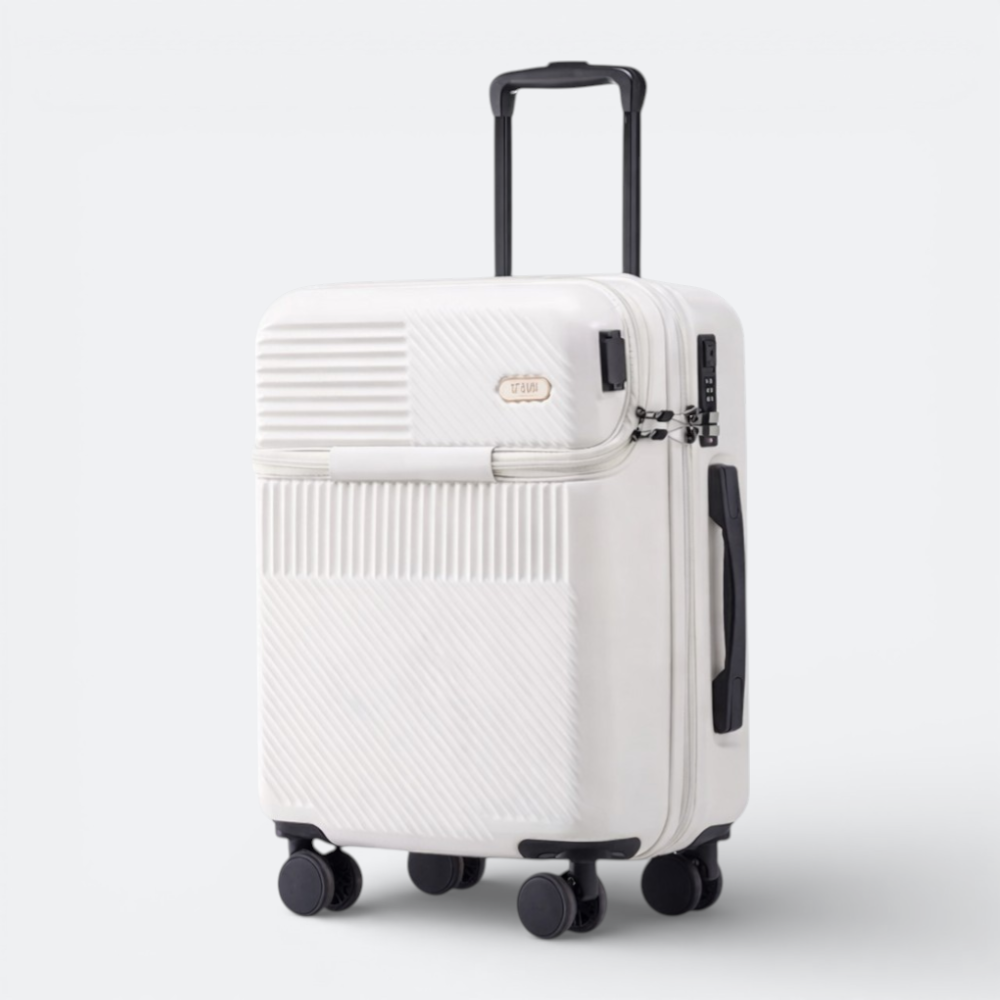 AïtaVia white front-opening suitcase with textured panels, TSA lock, and telescopic handle. Ideal for easy access travel.