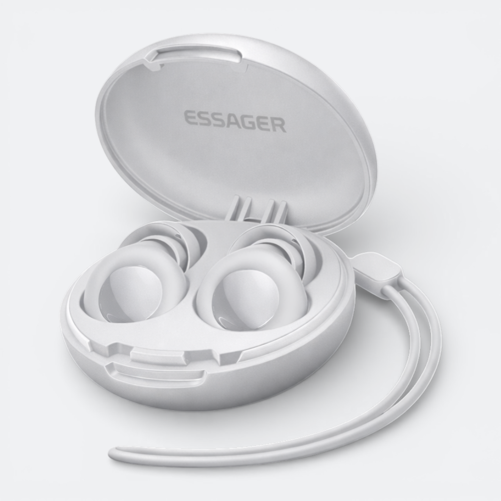 AïtaVia white silicone earplugs in a charging case, designed for sleep, swimming, and travel.