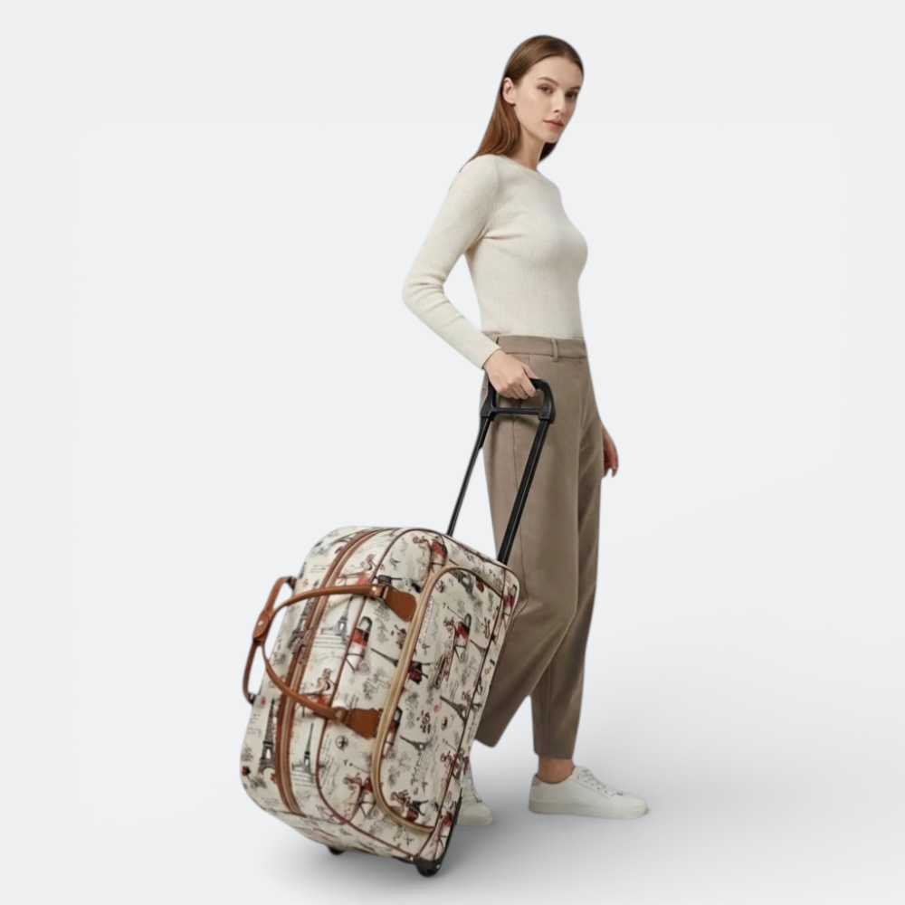 AïtaVia women's travel duffel bag with Eiffel Tower print, cream and brown, with wheels and retractable handle.