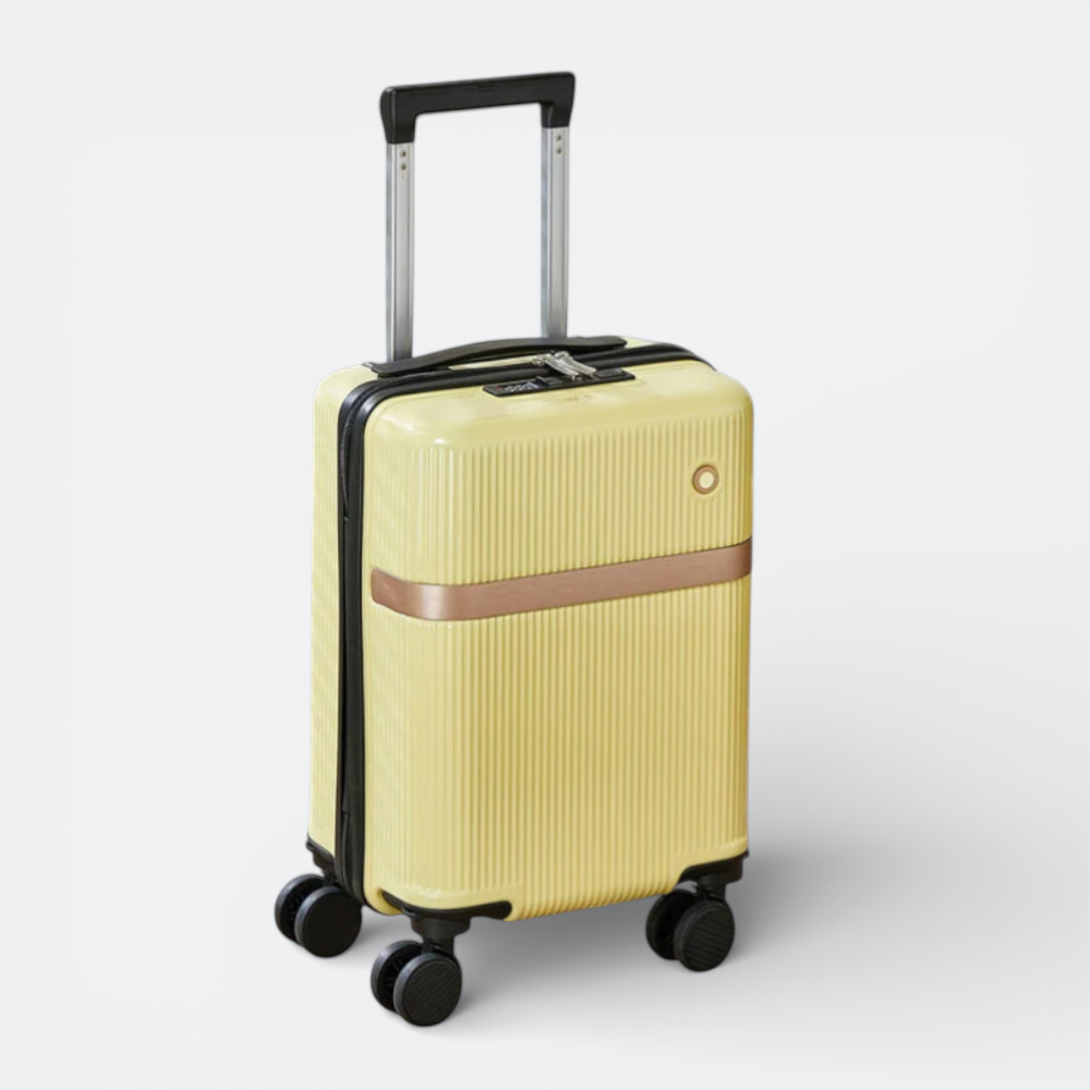 AïtaVia yellow ribbed carry-on suitcase with removable wheels and rose gold accent.