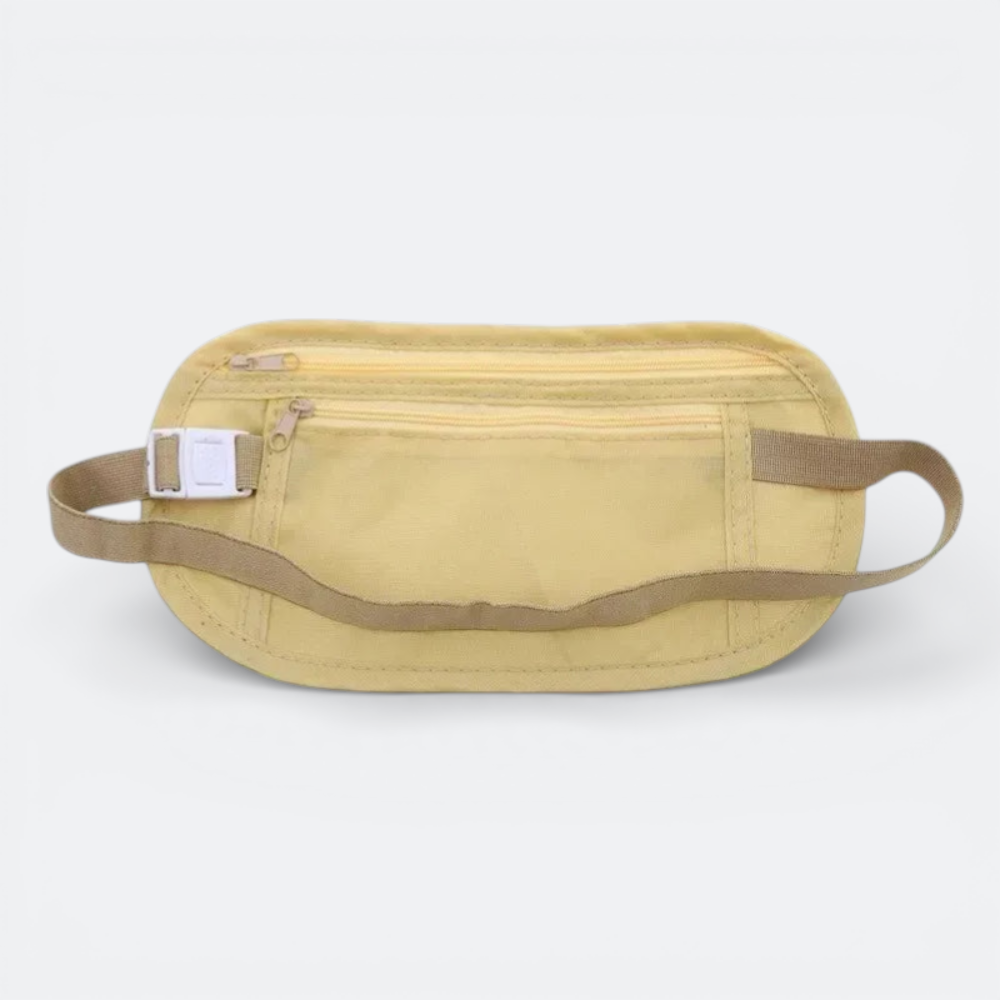 AïtaVia yellow travel waist pouch with multiple zippered compartments and adjustable strap for secure storage of essentials.