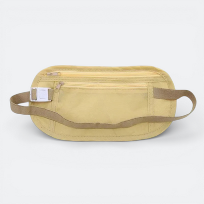 AïtaVia yellow travel waist pouch with multiple zippered compartments and adjustable strap for secure storage of essentials.