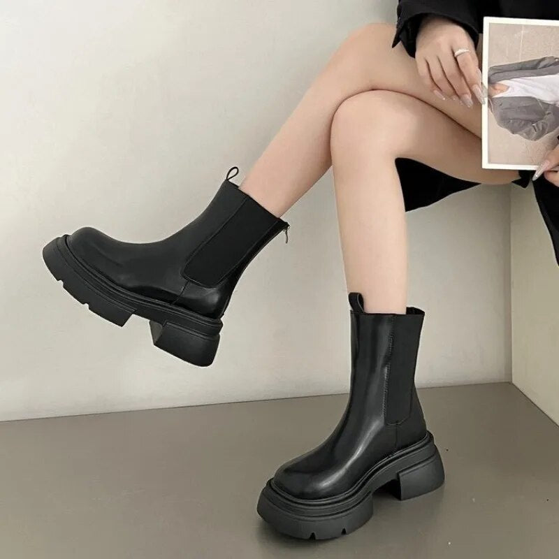 Bottines Noires à Talon Carré en Simili Cuir pour Femmes