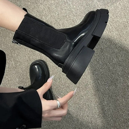 Bottines Noires à Talon Carré en Simili Cuir pour Femmes