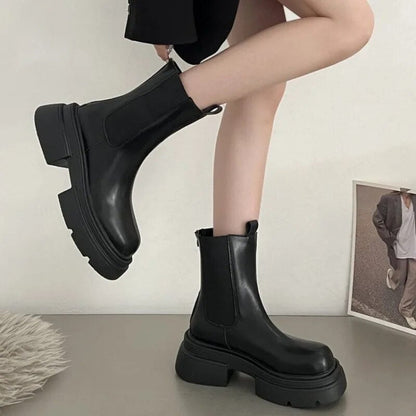 Bottines Noires à Talon Carré en Simili Cuir pour Femmes