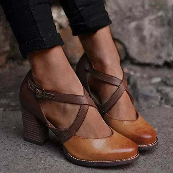 Chaussures à Talon Épais Croisé pour Femmes – Élégance Rétro