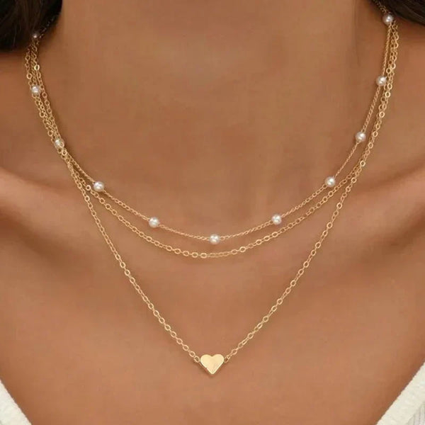 Collier Femme Superposé 3 Couches – Or ou Argent, Cœur ou Croix