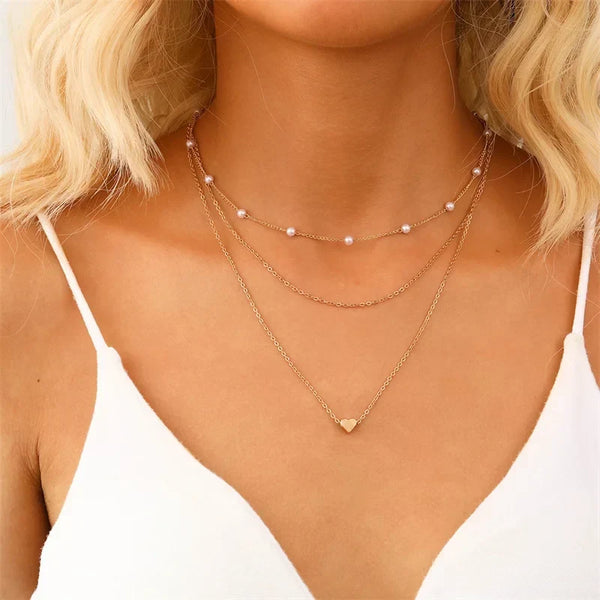 Collier Femme Superposé 3 Couches – Or ou Argent, Cœur ou Croix