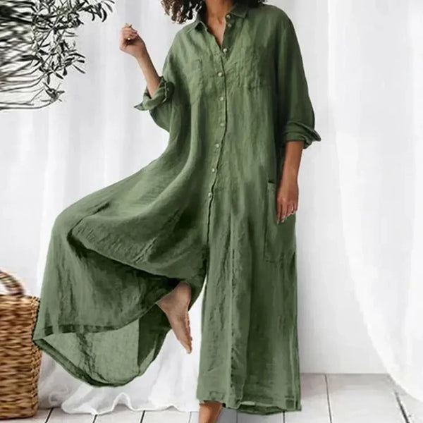Combinaison Ample Boutonnée Femme à Jambes Larges – Confort et Style