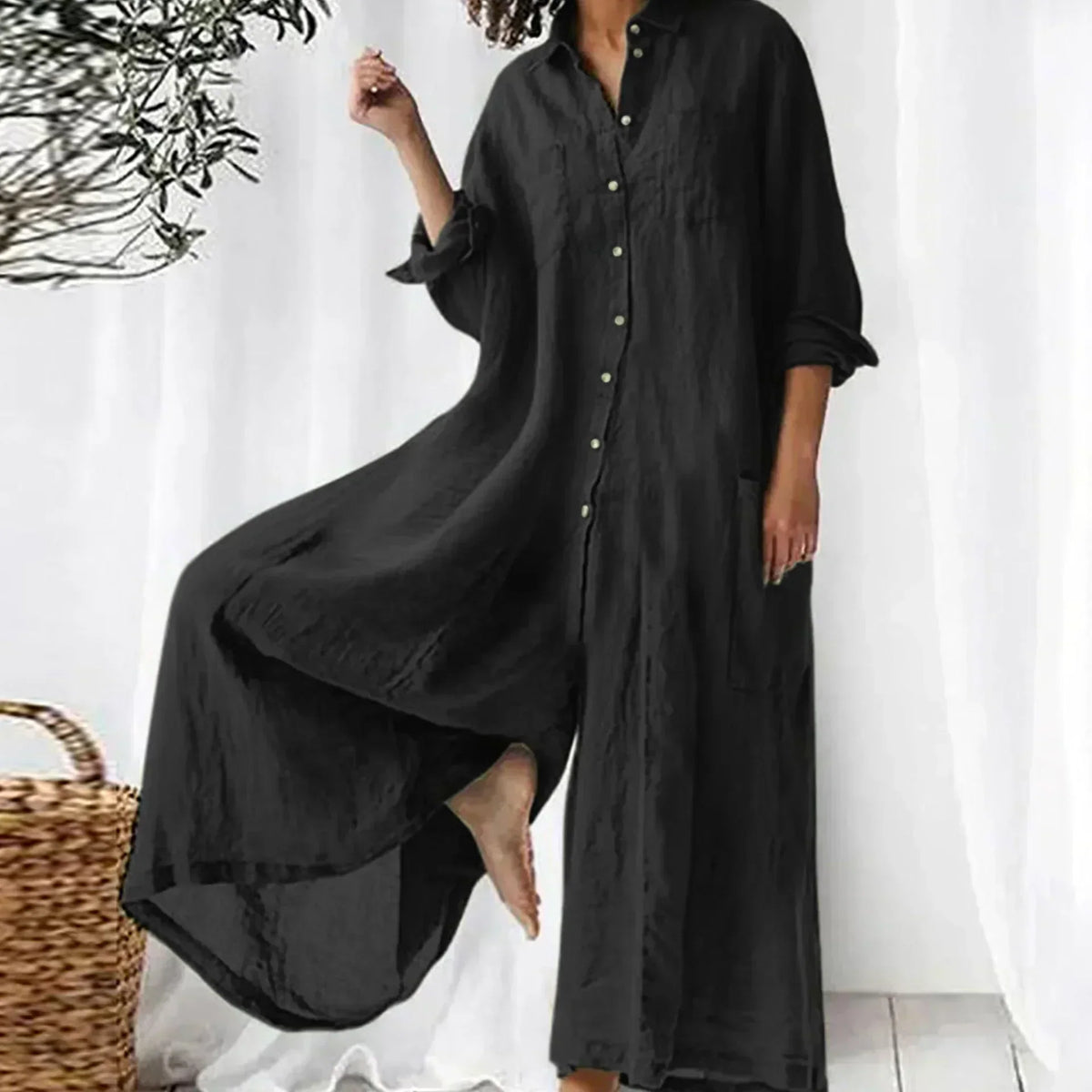 Combinaison Ample Boutonnée Femme à Jambes Larges – Confort et Style