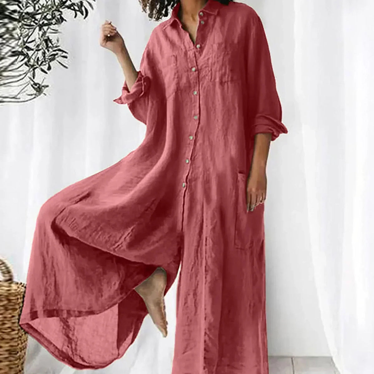 Combinaison Ample Boutonnée Femme à Jambes Larges – Confort et Style