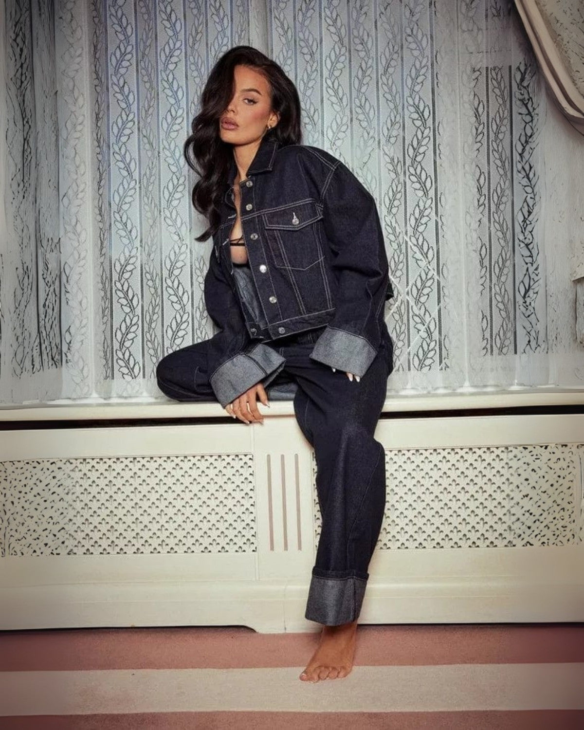 Ensemble Deux Pièces Femme : Veste et Pantalon Long en Denim Chic