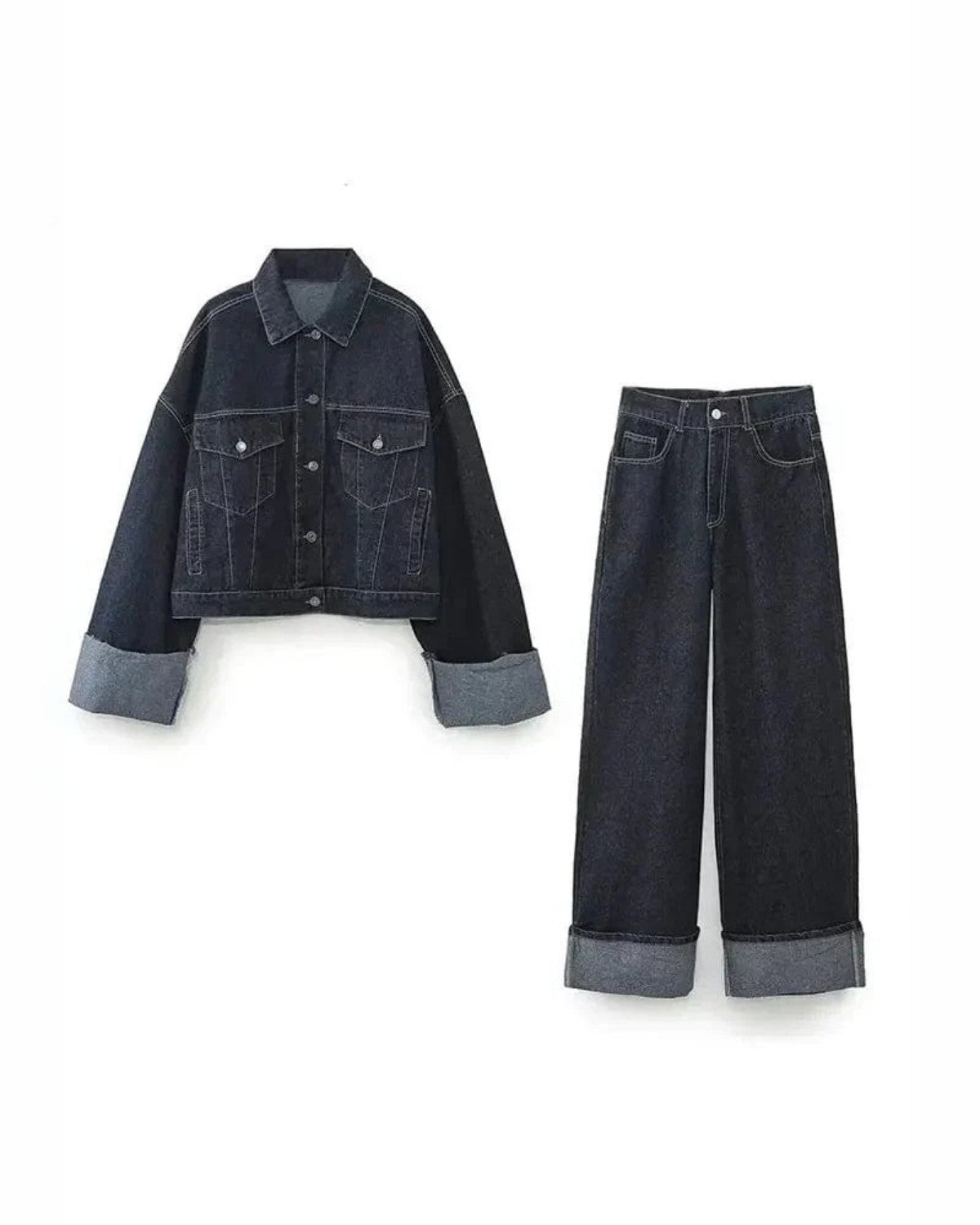 Ensemble Deux Pièces Femme : Veste et Pantalon Long en Denim Chic