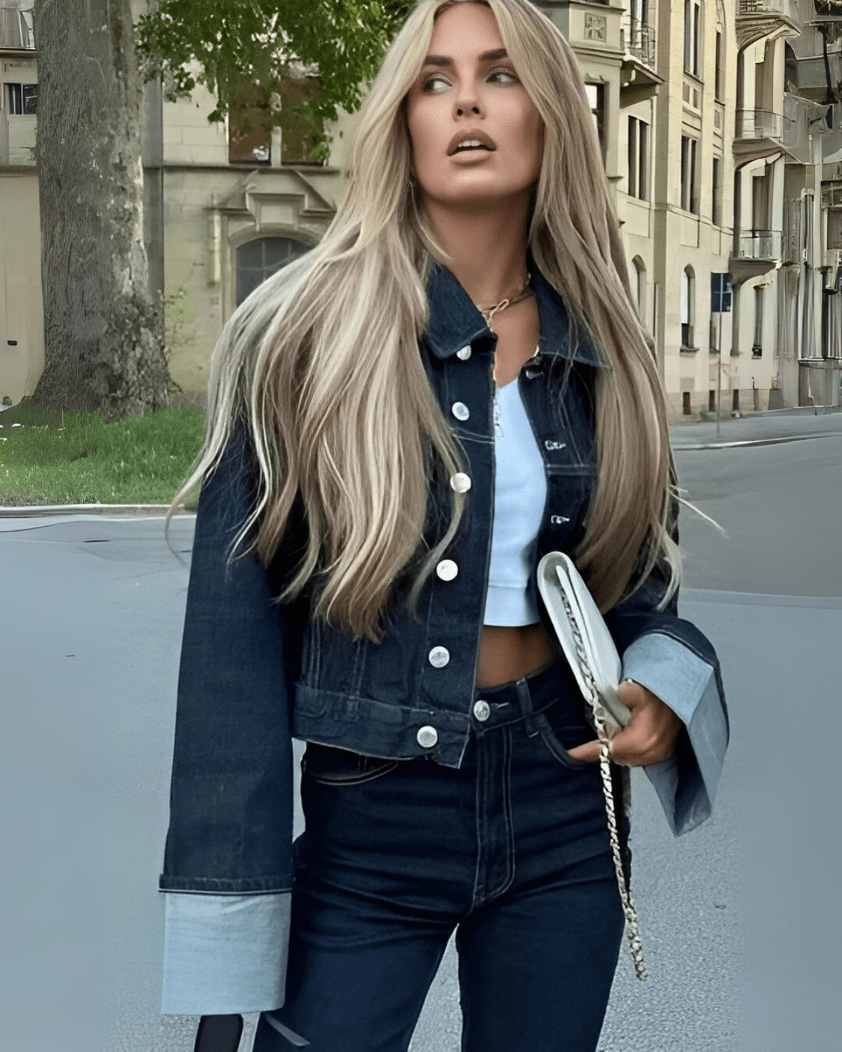 Ensemble Deux Pièces Femme : Veste et Pantalon Long en Denim Chic
