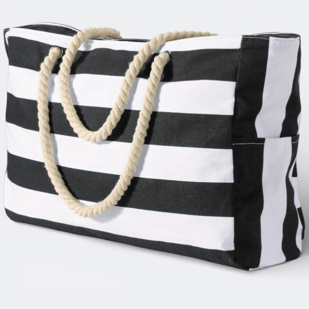Grand Sac de Plage Pliable Rayures Noir Blanc - | AïtaVia
