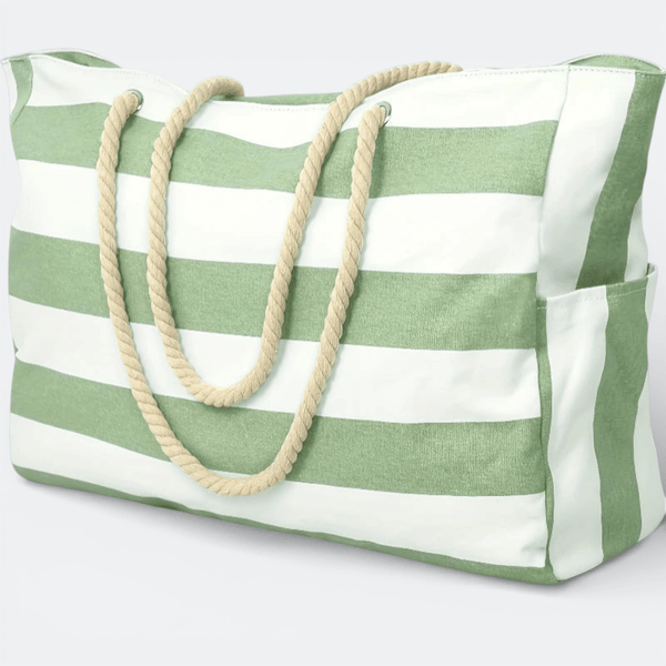 Grand Sac de Plage Pliable Rayures Vert Sauge - | AïtaVia