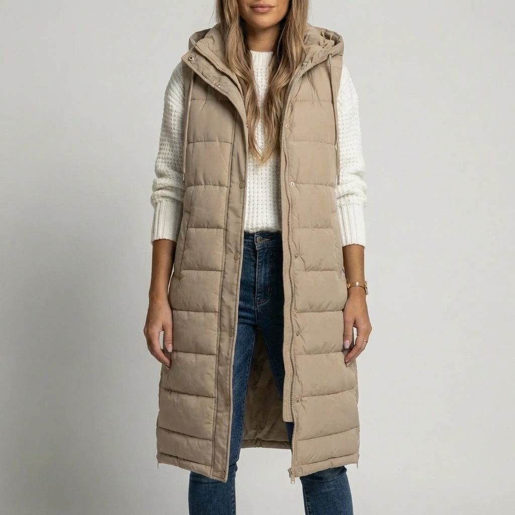 Gilet sans manches long femme à capuche, matelassé et zippé