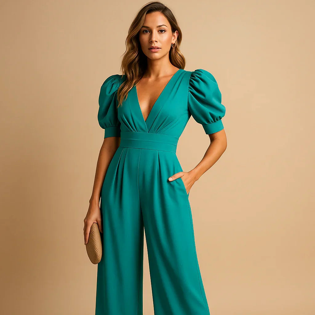 Combinaison femme longue à manches bouffantes, coupe ajustée