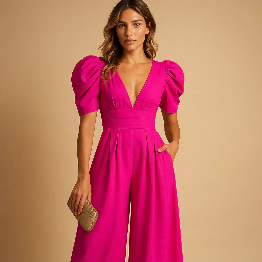 Combinaison femme longue à manches bouffantes, coupe ajustée