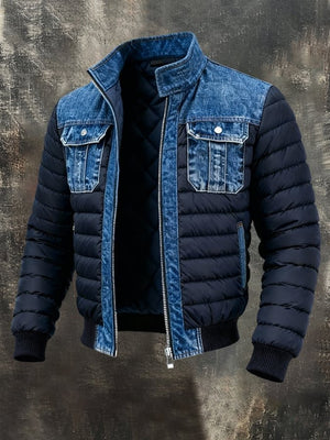 Veste en jean homme matelassée, coupe bomber à bords côtes