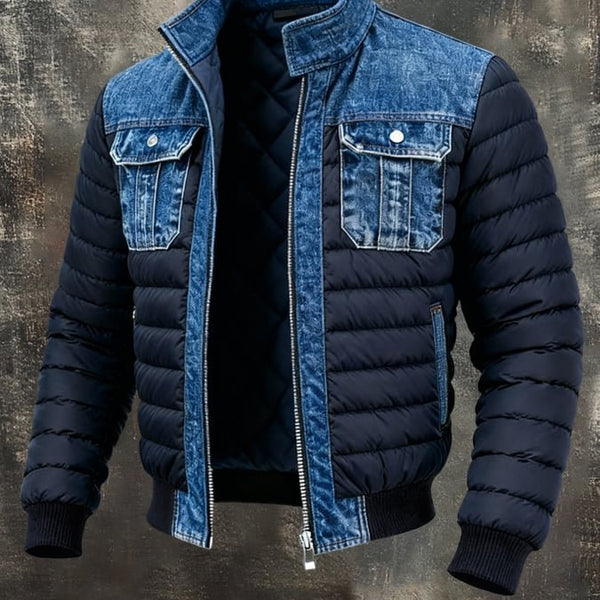Veste en jean homme matelassée, coupe bomber à bords côtes